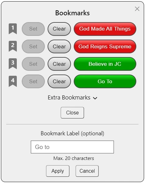 Bookmarks dialogue box with label insertion section.